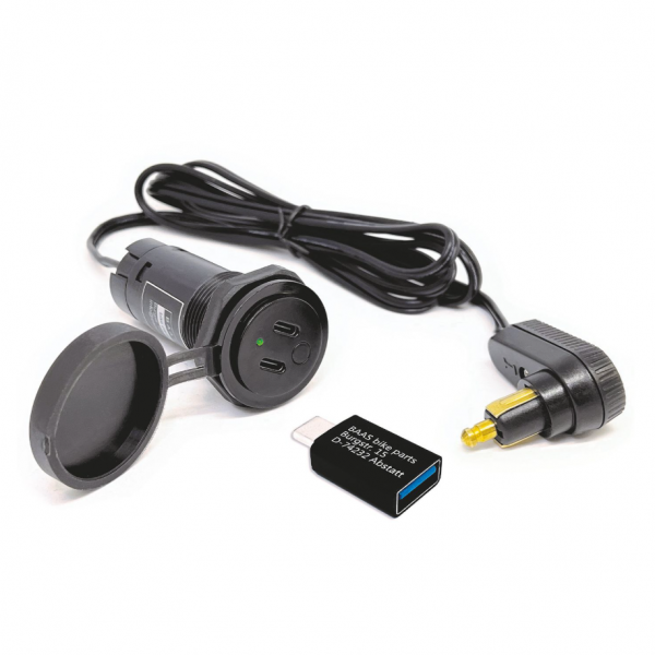Touratech USB Tank Bag Cable w Twin Charger 2x USB-C USB-A Adapter Angled Plug for DIN Power Socket